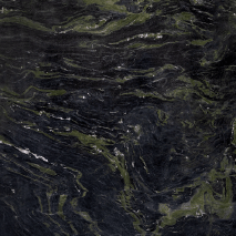 “Green Monnai granite slab with dark green and black swirling patterns from Nujum Al-Rukham in Saudi Arabia.”