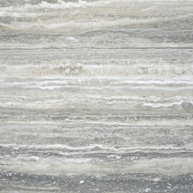 “Travertino Silver travertine slab with silver-grey horizontal layers from Nujum Al-Rukham in Saudi Arabia.”